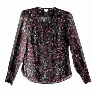 Boho Converse Purple Floral Blouse Long Sleeve Black Size S